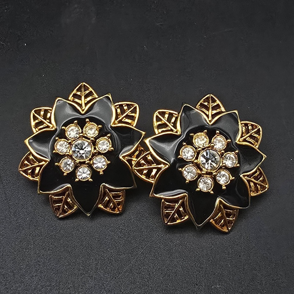 Avon 1993 Festive Sparkle Clip On Earrings Black Enamel Flower Rhinestones